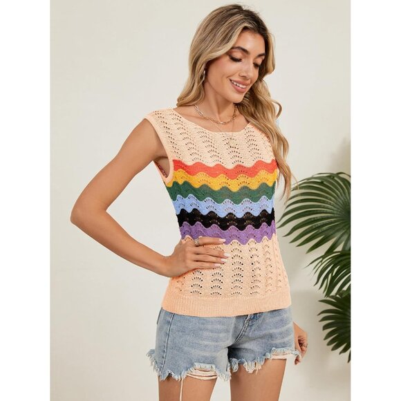 Takeyal Women Light Khaki Sleeveless Crochet Tank Casual Summer Striped Sweater - Picture 4 of 7